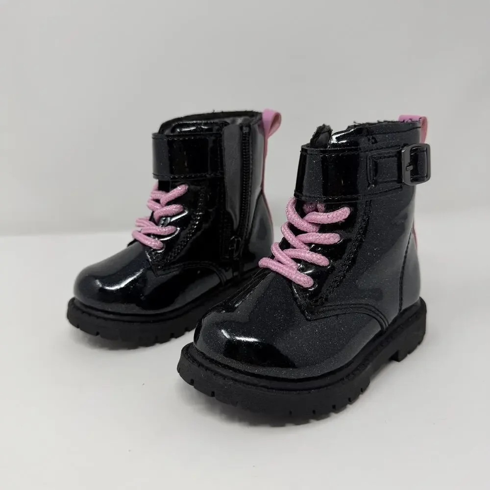 Carter’s Girls Black Patent Combat Boots Pink Laces 5M
